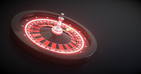 3D rendering of Roulette Wheel With Futuristic Neon Lights, Isolated on Black Background