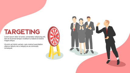 TARGETING  businessman playing dart with colleague cheering and applausing simbolize business marketing goal accomplishment flat style vector illustration