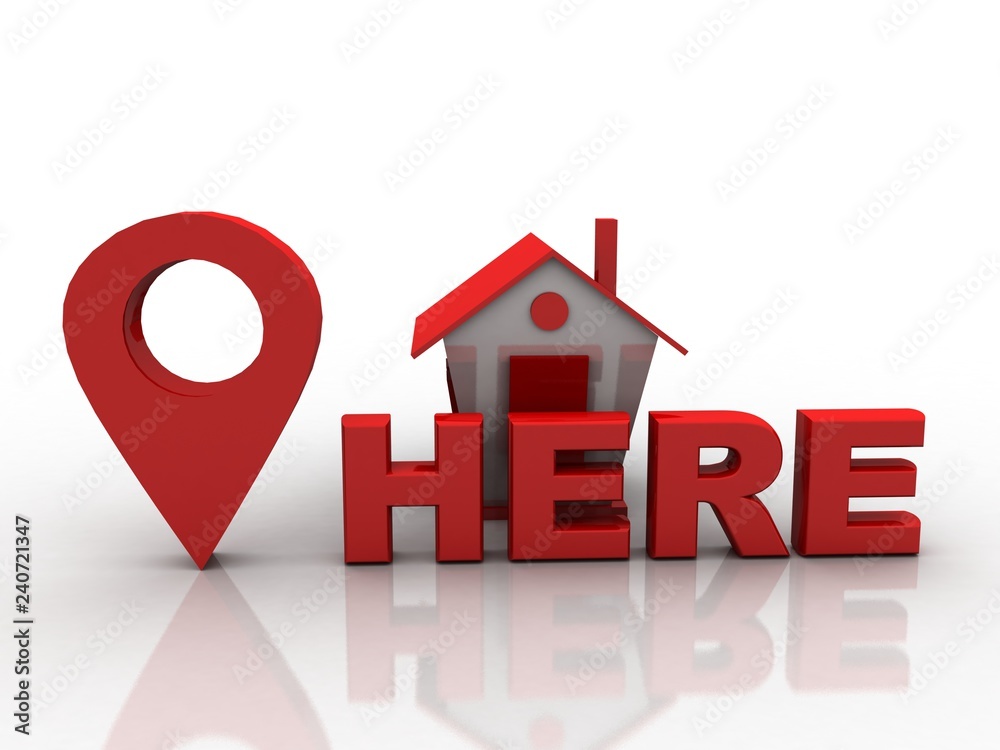 Poster 3d illustration search for property.a map with large red gps pointer containing