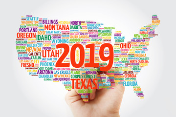 2019 year USA Map word cloud with marker, most important cities background