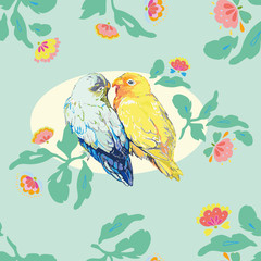 Aqua blue pattern with yellow parrot and love bird. Folk art florals. Surface pattern design. Elegant invitation.