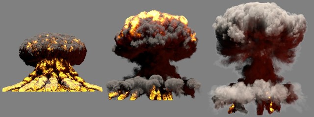 3D illustration of explosion - 3 huge different phases fire mushroom cloud explosion of atom bomb with smoke and flame isolated on grey background