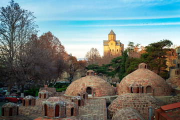 View on top of abanotubani, sulfur baths and Metekhi church in Tbilisi, Georgia