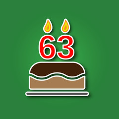 Birthday cake with a candle in the form of a number 63, in the form of a sticker with a shadow icon. Happy Birthday concept symbol design. Stock - Vector illustration can be used for web.