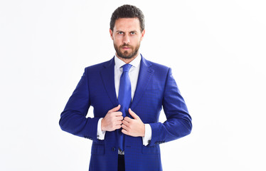 Confident businessman isolated on white background. Bearded businessman in formal suit. Successful...