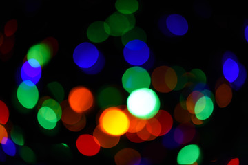 Christmas decorations concept. Defocused light of colorful garland. Festive backdrop with colorful lights. Bright and festive atmosphere of coming holiday. Abstract colorful bokeh background