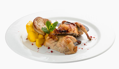 Quail with berry sauce. On white background