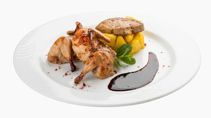 Quail with berry sauce. On white background