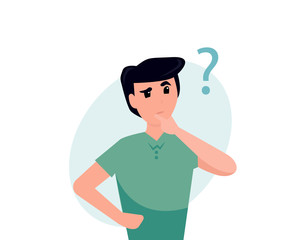 Man is thinking. Question mark. Vector flat cartoon illustration character. Business concept.