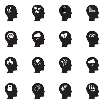 Stress And Depression Icons. Black Flat Design. Vector Illustration.