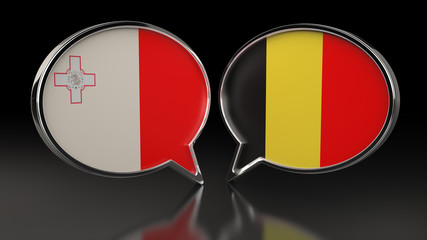 Malta and Belgium flags with Speech Bubbles. 3D illustration
