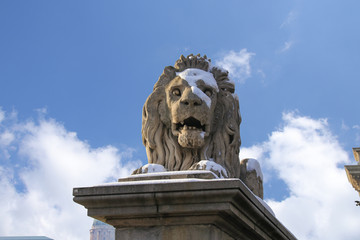 Eine L&ouml;wen Skulptur auf der (Szechenyi) Ketten Br&uuml;cke in Budapest im winter
