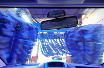 Automatic carwash tunnel station view from inside car