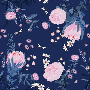 Forest night vector pink  Floral pattern in the many kind of flowers. Botanical  Seamless vector texture. For fashion fabric Printing with in hand drawn style
