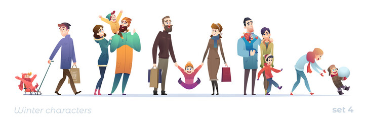 Happy people with children. Set of cartoon characters in flat design. Winter shopping and holidays. Christmas funny families