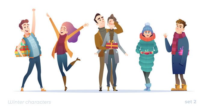 Young people with gifts. Holiday character design in modern flat cartoon style
