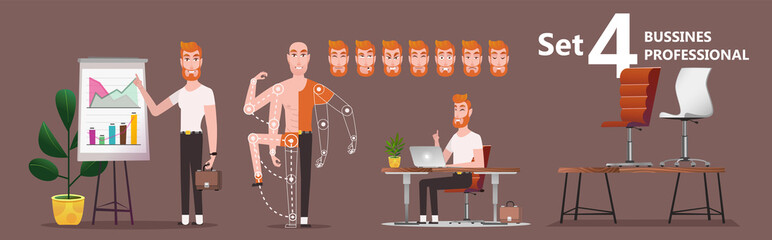 Young Cartoon businessman making presentation explaining charts. A young man employee of the company presents the results of work. Set of poses and emotions of man and interior for animation - vector