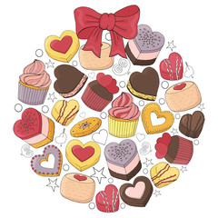 Romantic ball is made of different desserts, cakes, sweets and food for Valentines day. Hand drawn. Vector illustration.