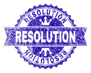 RESOLUTION rosette stamp watermark with grunge effect. Designed with round rosette, ribbon and small crowns. Blue vector rubber watermark of RESOLUTION caption with grunge texture.