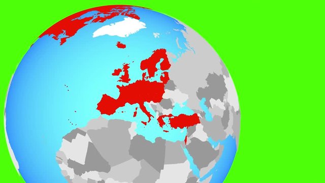 Closing in on OECD European members on simple blue political globe. 3D illustration.