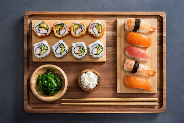 Sushi set on bamboo tray