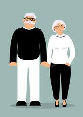 Happy family seniors: cute smiling holding hands smart elderly man and woman in full growth dressed in trendy clothes in black and white on the blue background. Vector flat illustration