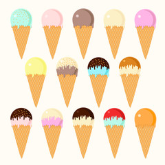 Ice cream scoops in different colors and waffle cone