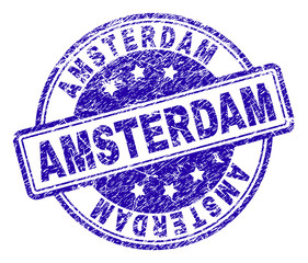 AMSTERDAM stamp seal imprint with grunge effect. Designed with rounded rectangles and circles. Blue vector rubber print of AMSTERDAM label with grunge texture.