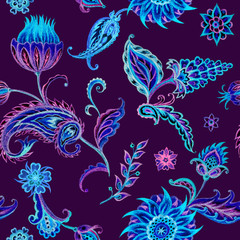 Paisley seamless pattern in blue and purple colors, watercolor illustration, hand drawing. East ornament, buta.
