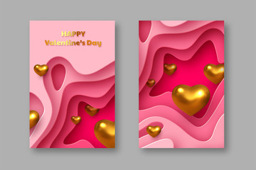 Valentines day holiday posters or banners. Paper cut style layered pink background with metallic golden hearts and greeting text. Vector.