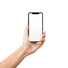 Woman holding mobile phone with blank screen on white background