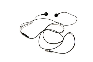 Wired headphones. Realistic black headphones music accessories isolated on white background.