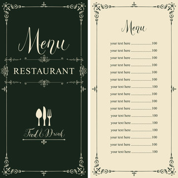 Vector menu for restaurant or cafe with a price list and handwritten inscription in frame with curls in retro style