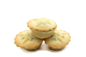 Three Home Made Christmas Pies on a White Background