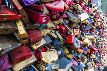 close-up of a variety of labeled padlocks hanging on a grid