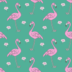 Computer graphic seamless pattern illustration with pink exotic flamingo birds and hearts on teal background