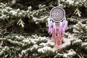 Handmade dream catcher with feathers threads and beads rope hanging