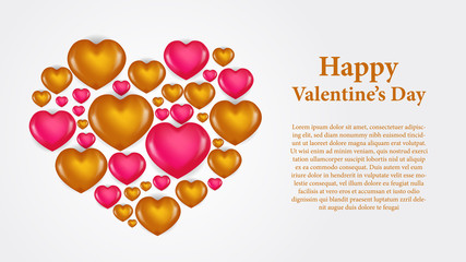 Happy Valentine's day romance love banner template with gold and pink hearth shape. Vector illustration