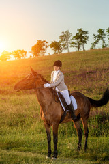 Young woman rider with her horse in evening sunset light. Outdoor photography in lifestyle mood