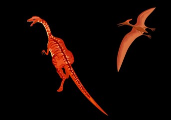  velaceraptor dinosaurs and pterodactyl  on black bakcground © Massaget
