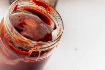 White shaggy molg on tomato pasta, macro background