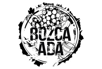 Old wood barrel and a bunch of grapes. Bozcaada, Turkey. Emblem for the region of Bozcaada. Hand drawn illustration.