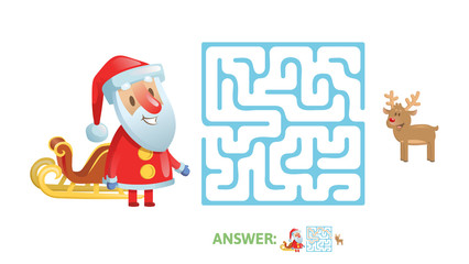 Winter Maze Labyrinth Game with answer. Help Santa find the way out of the Labyrinth. Colorful flat vector illustration. Isolated on white background.