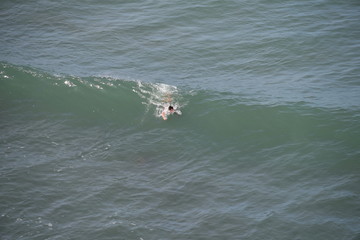 Fototapeta premium A lonely surfer with his board in the foam. Surfing in the waves.