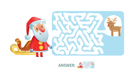 Winter Maze Labyrinth Game with answer. Help Santa find the way out of the Labyrinth. Colorful flat vector illustration. Isolated on white background.