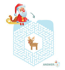 Winter Maze Labyrinth Game with answer. Help Santa find the way out of the Labyrinth. Colorful flat vector illustration. Isolated on white background.