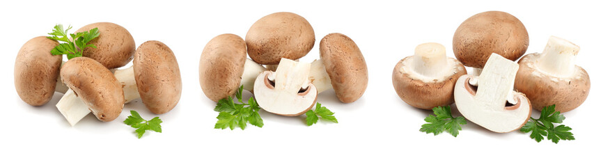 Fresh champignon mushrooms with parsley isolated on white background
