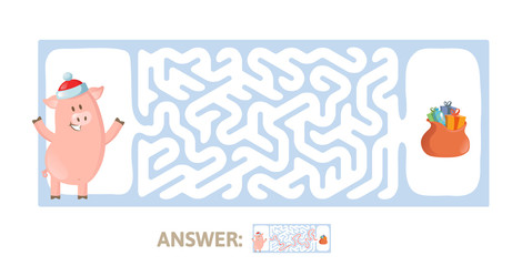 Winter Maze Game with funny Piggy character and answer. Help Piglet find his way in Labyrinth. Colorful flat vector illustration. Isolated on white background.