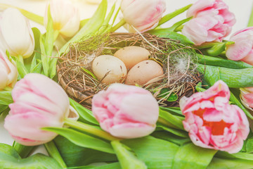 Obraz na płótnie Canvas Spring greeting card. Easter eggs in nest with moss and pink fresh tulip flowers bouquet on rustic white wooden background. Easter concept. Flat lay top view copy space. Spring flowers tulips