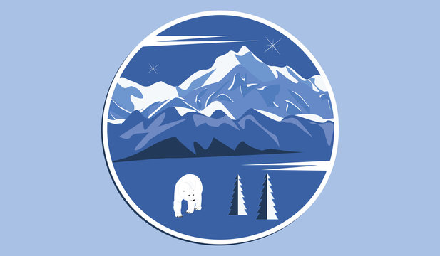 Icon round - Snow-covered mountains, polar bear - isolated on blue background - art vector